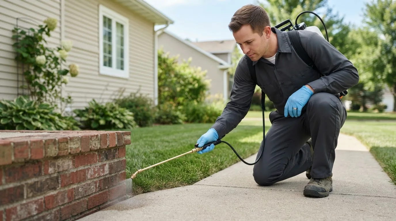 Pest control technician treating a home near Lindon, UT